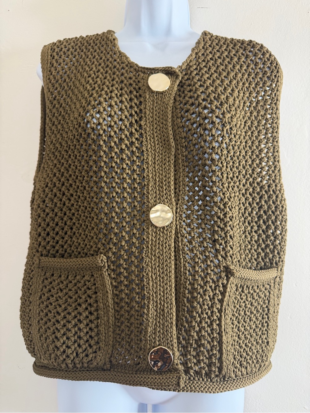 Vigoss Olive Green Crochet Button-Front Sweater Vest